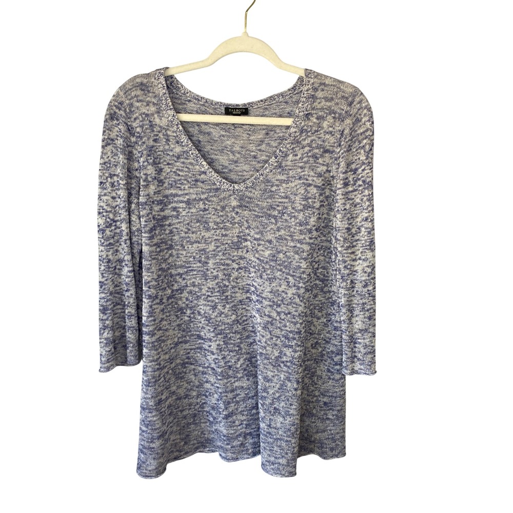 Talbots Womens Blue White Marled V-Neck 3/4 Sleeve Knit‎ Pullover Sweater Size M